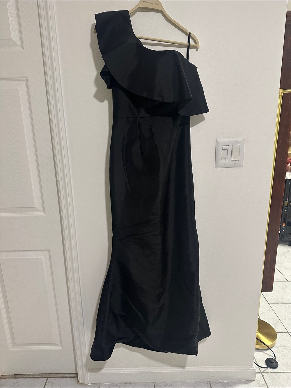 One-Shoulder Black Ruffle Evening Gown